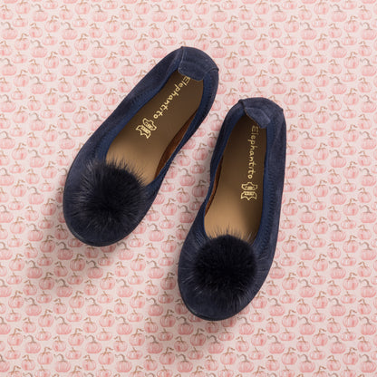 Suede Pom Pom Ballerina Blue